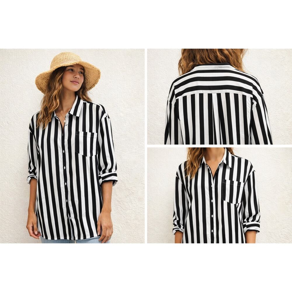 Cupshe Striped Swimsuit Cover Up Button Down Shirt NWT Sz M